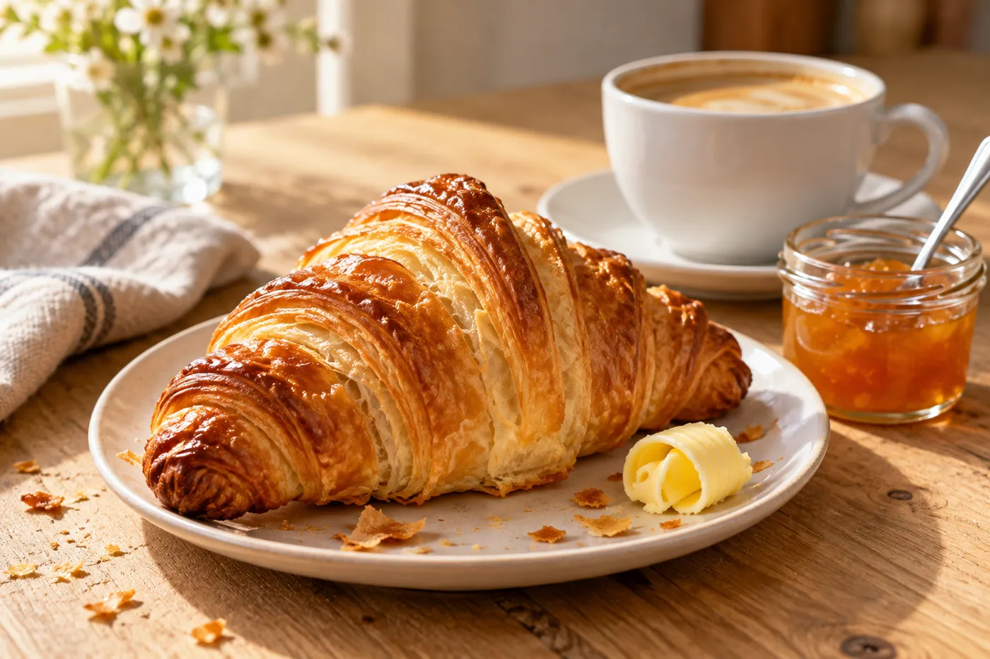 Illustration: Croissant mit Butter und Marmelade, dahinter ein Milchkaffee