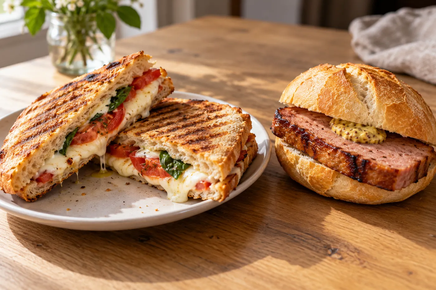 Illustration: Panini mit Mozzarella und Tomate, daneben eine Leberkässemmel mit Senf