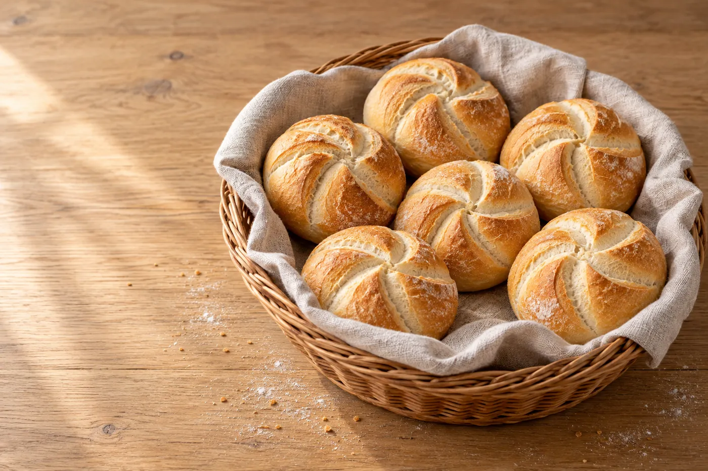 Illustration: Brotkorb mit sechs Kaisersemmeln auf einem Holztisch